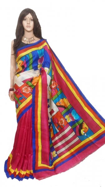 Red , Blue and Yellow hand painted Bishnupuri silk saree